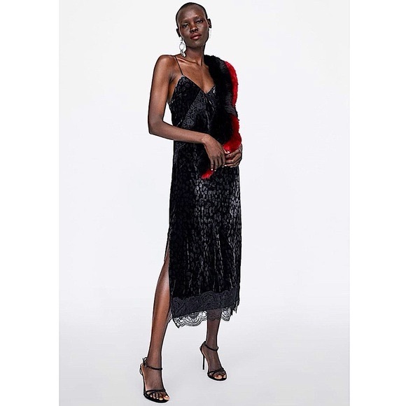 ZARA ~ Velvet black | gray with lace trim dress - Picture 5 of 8